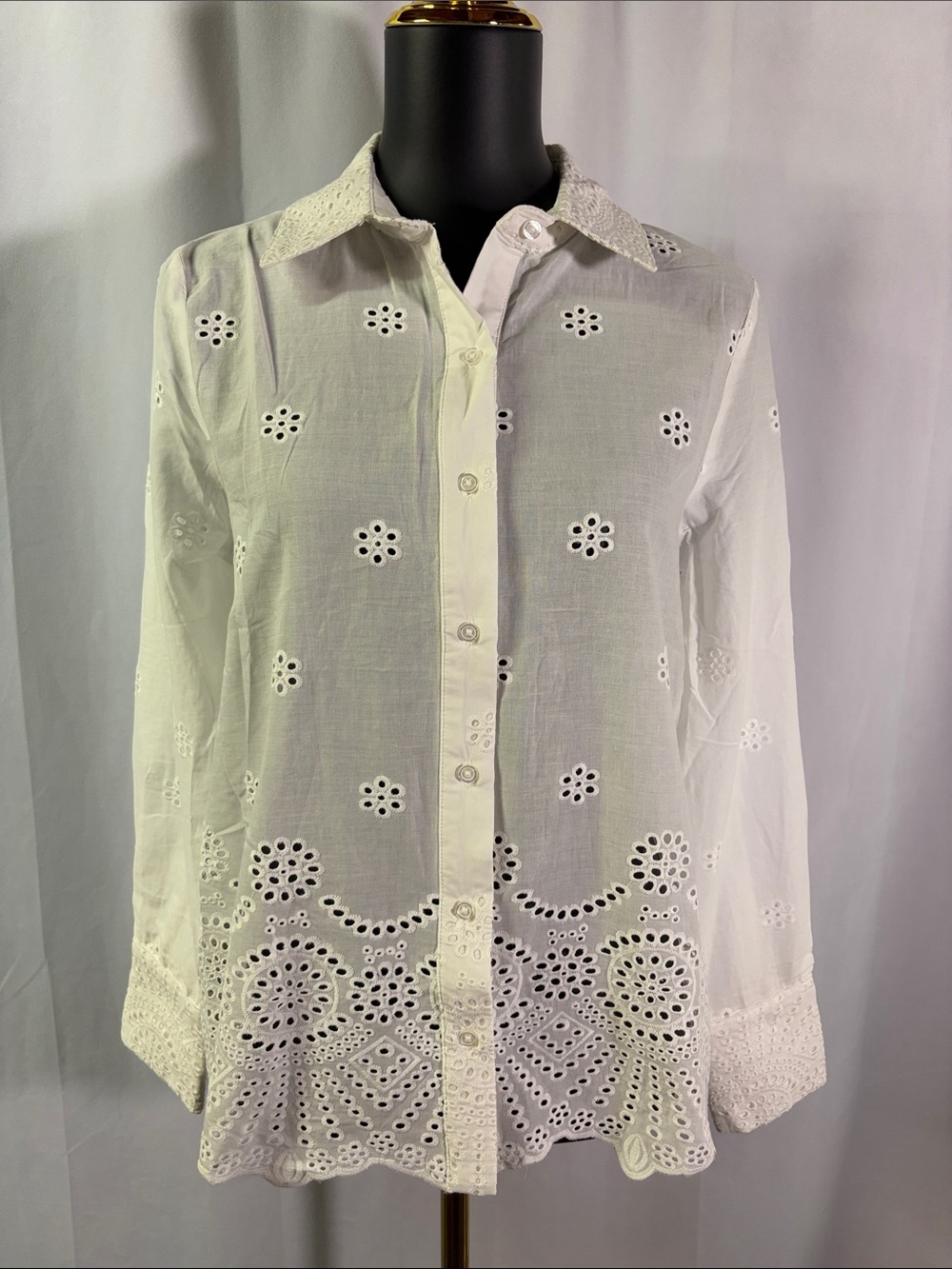 Nanette Lepore White Floral Eyelet Long Sleeve Button Down Shirt